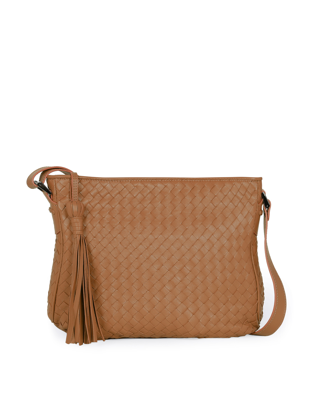 Classic Crossbody Intrecciato Weave Leather Bag Tan