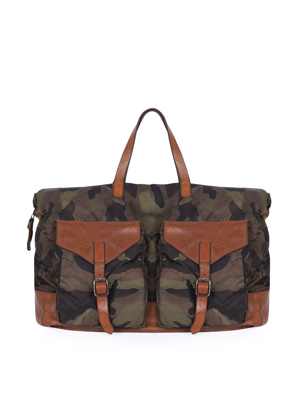 Duffle Bag in Leather and Nylon Camouflage + Military Green