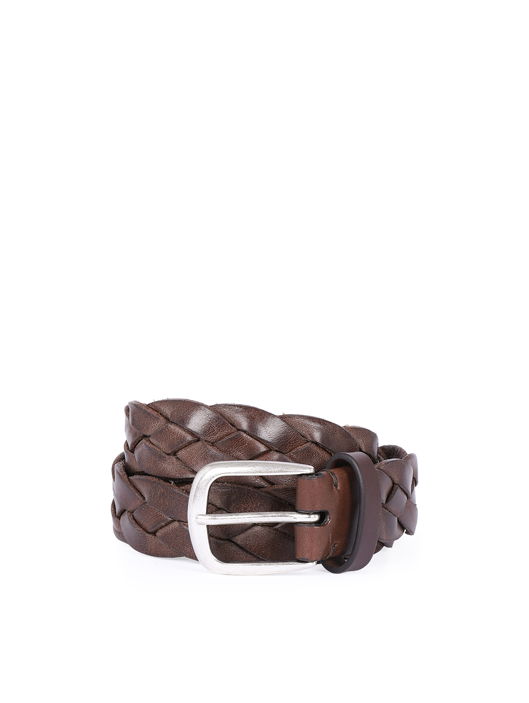 Braided Leather Belt Brass Buckle 3.5 cm Dark Brown