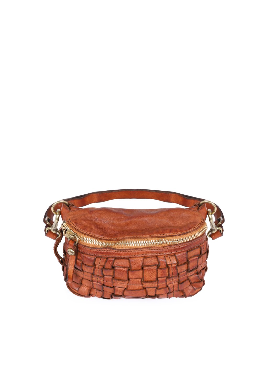 Cross-waist Bag Woven Distressed Leather Cognac