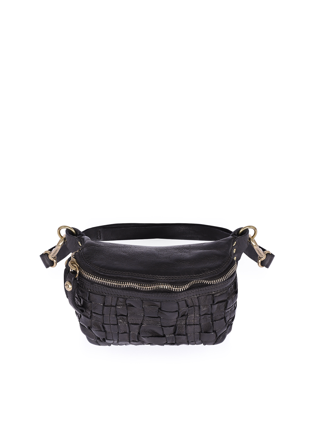 Cross-waist Bag Woven Distressed Leather Black