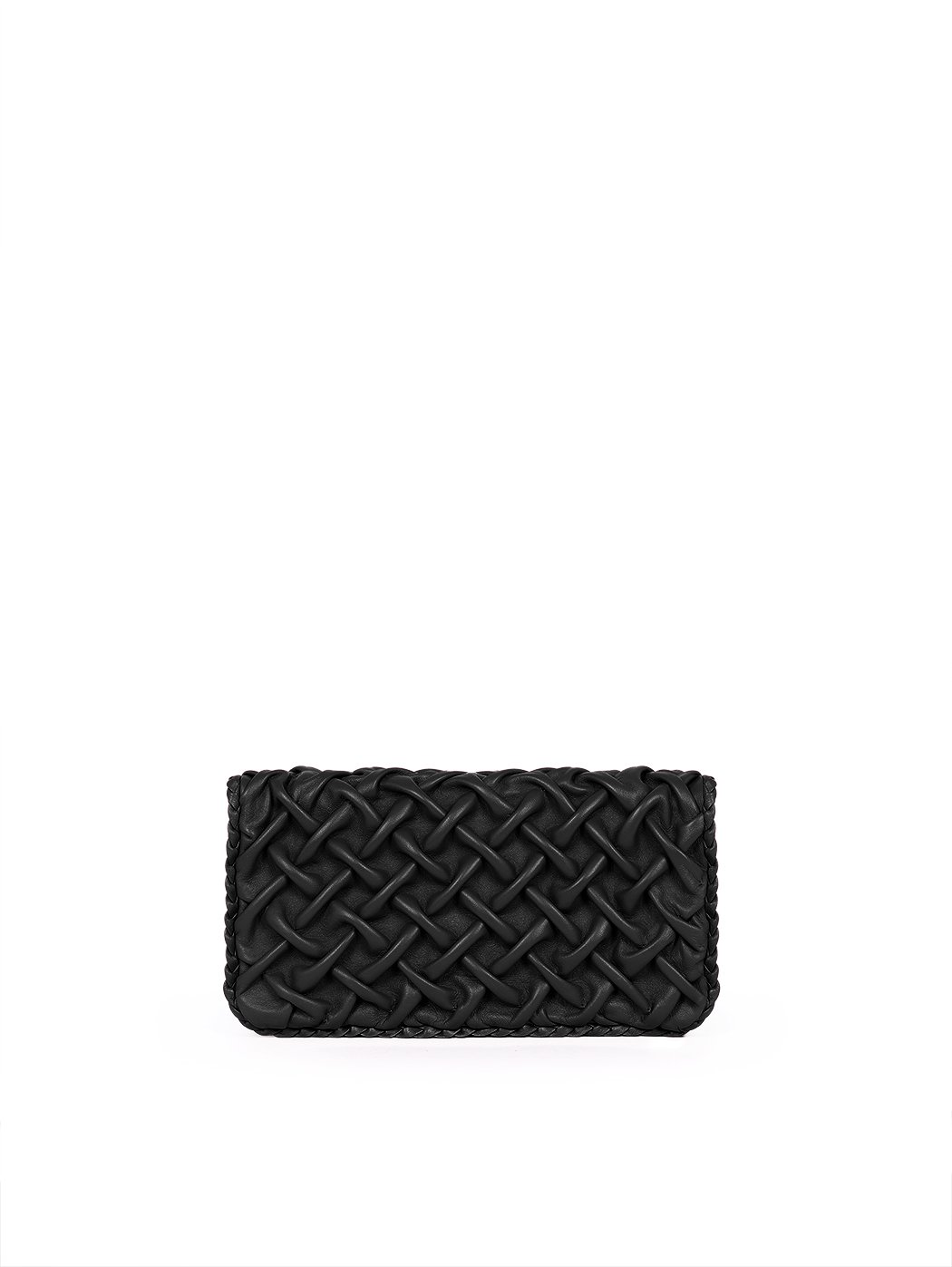 Foldover Crossbody Smocked Weave Clutch Leather Black