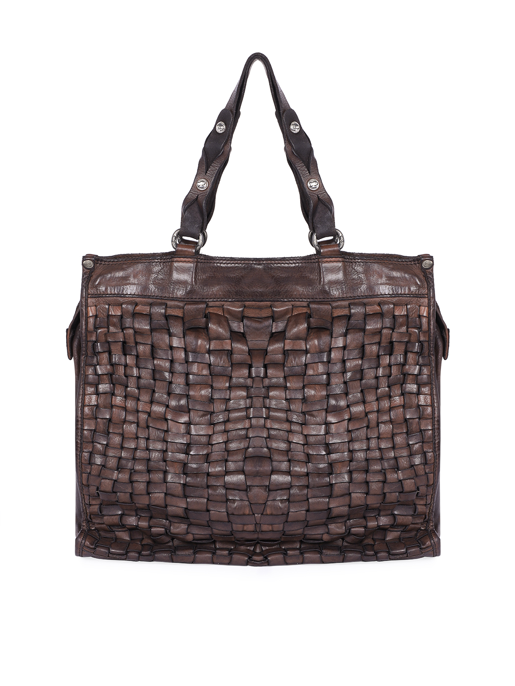 Top Handle Optical Woven Tote Bag Distressed Brown-Grey