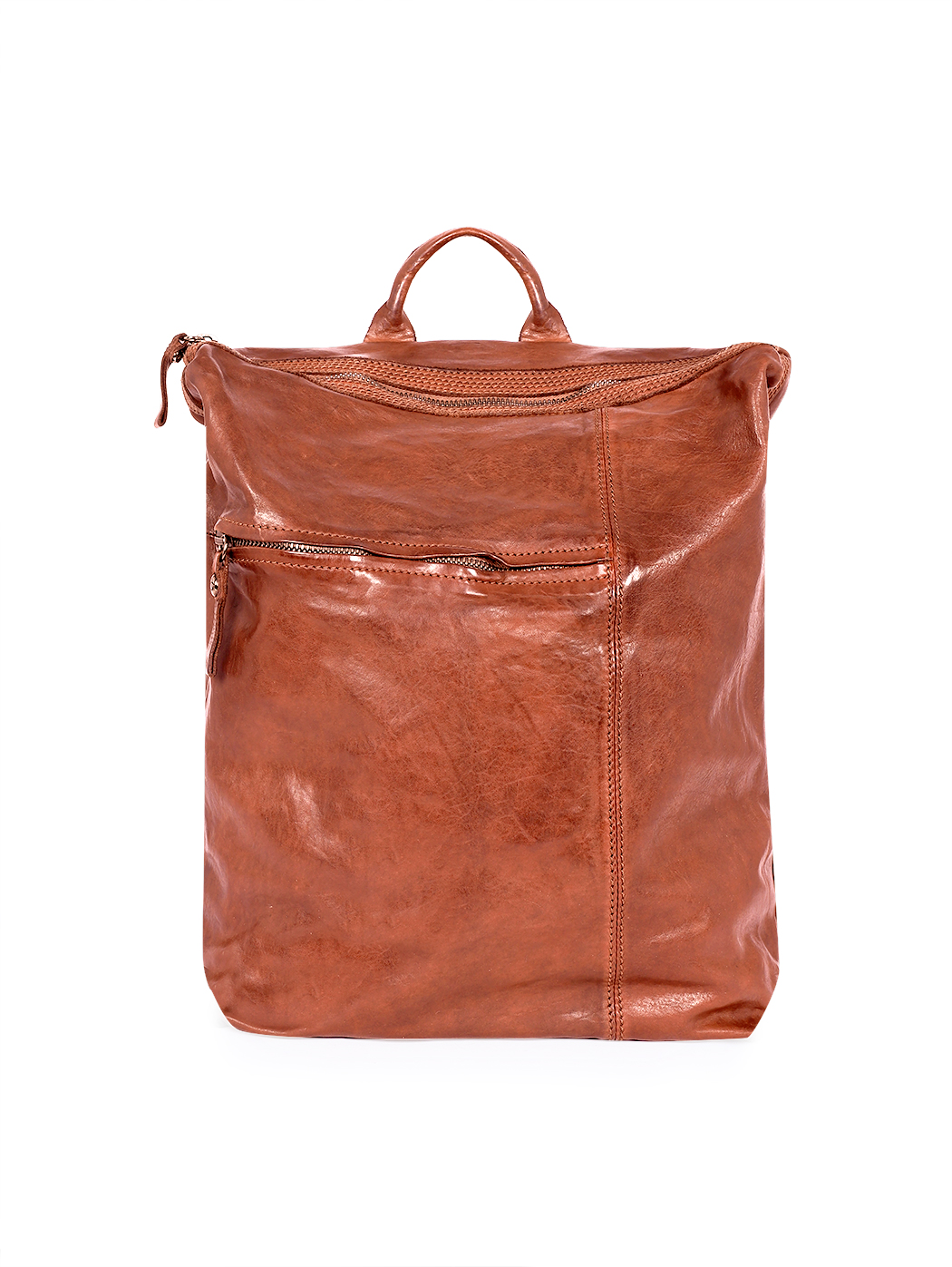 Квадратный плоский рюкзак из мытой кожи конъячный