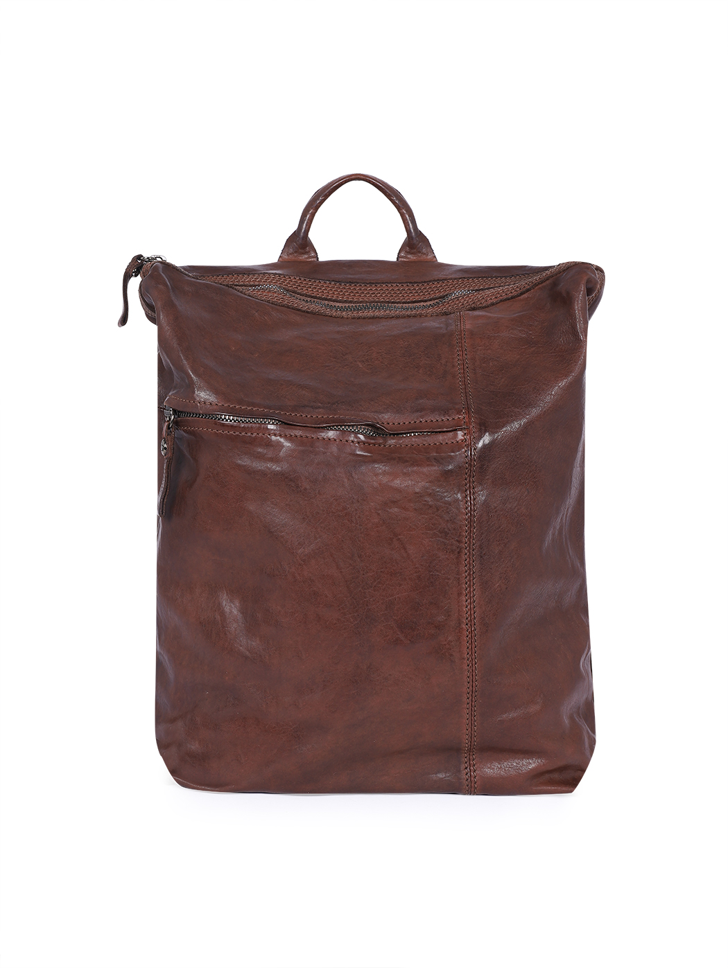Квадратный плоский рюкзак из мытой кожи темно коричневый